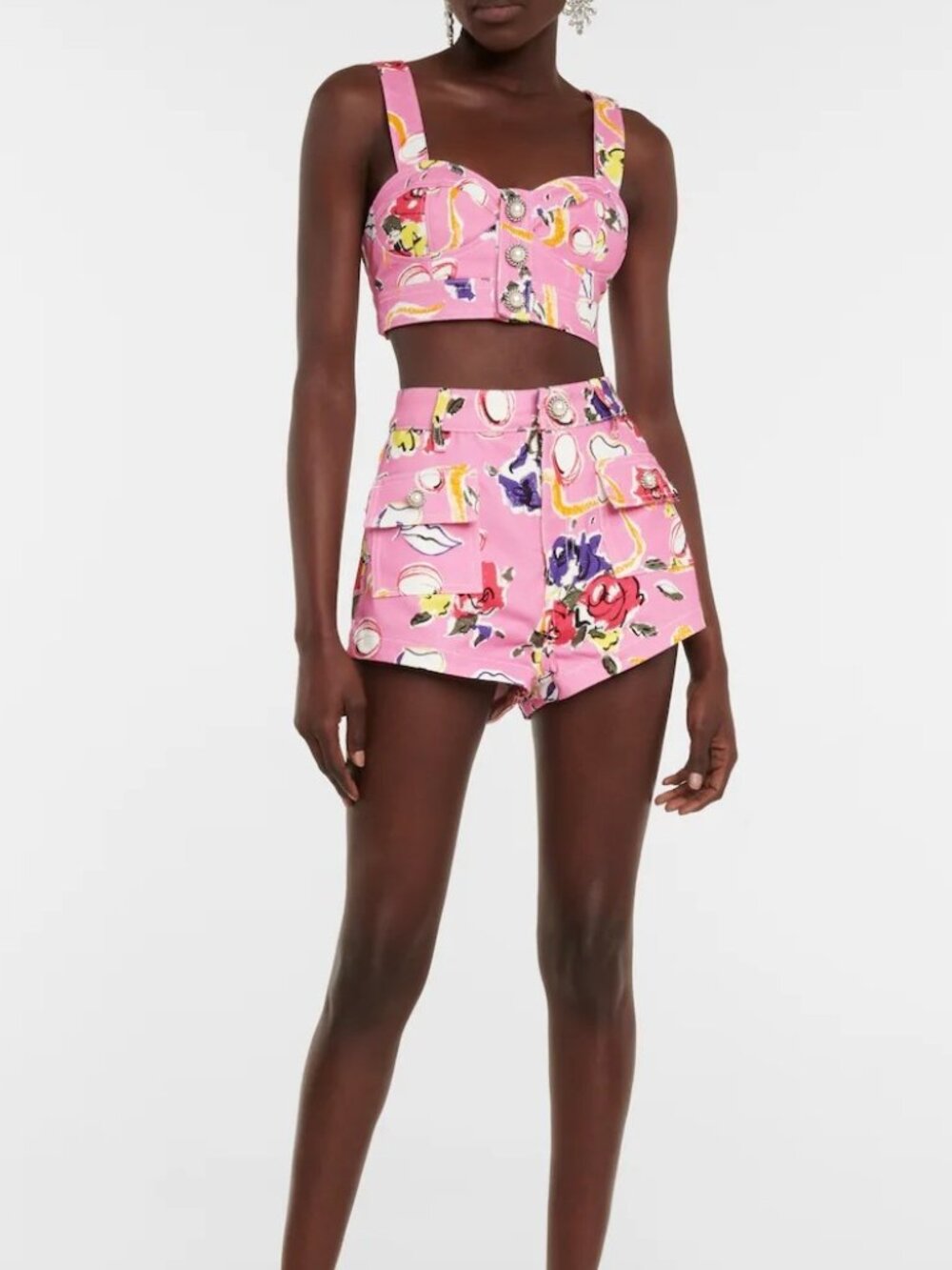 Pink Floral Denim Crop Top & Shorts Matching Set M